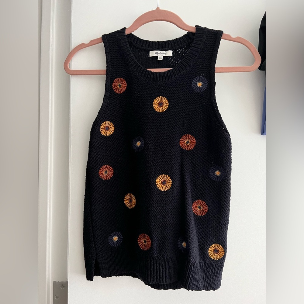 Madewell Black Tank Top with Embroidered Circles